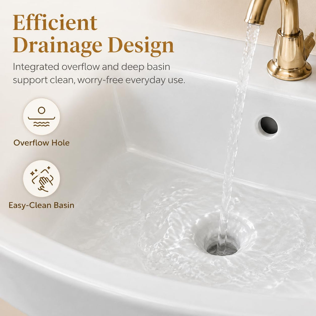 Garvee White Ceramic Pedestal Bathroom Sink, Single Hole Freestanding Basin
