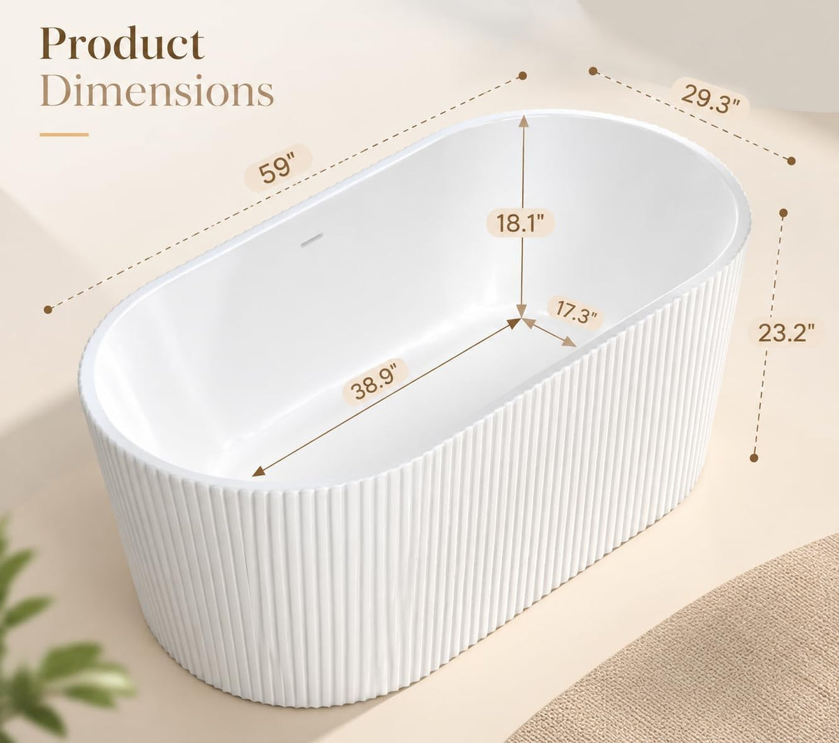 59" Acrylic Freestanding Soaking Bathtub, Deep Ergonomic Design with Lumbar Support, Integrated Overflow Drain, Non-Slip Base,cUPC Certified Modern Bathroom Tub, Easy Installation for Bathroom