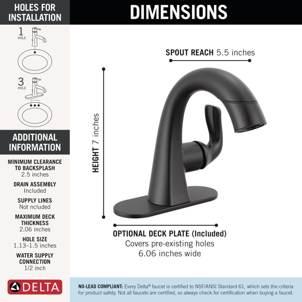 Delta Arvo Brushed Nickel Bathroom Faucet 1 Hole, Single Hole Bathroom Sink Faucet for Vanity, Push-Pop Drain Assembly, Spotshield Stainless 15840LF-SP