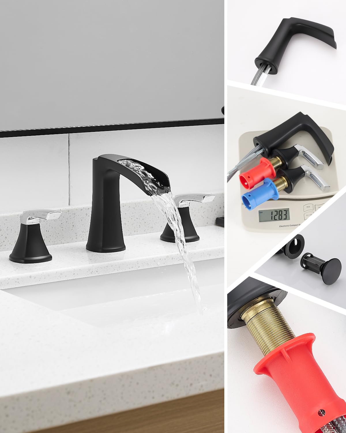 Fapully Brushed Nickel Bathroom Faucet 3 Hole, Waterfall 8 Inch Widespread Bathroom Sink Faucet with Pop-up Drain, Two-Handle Faucet for Bathroom Sink