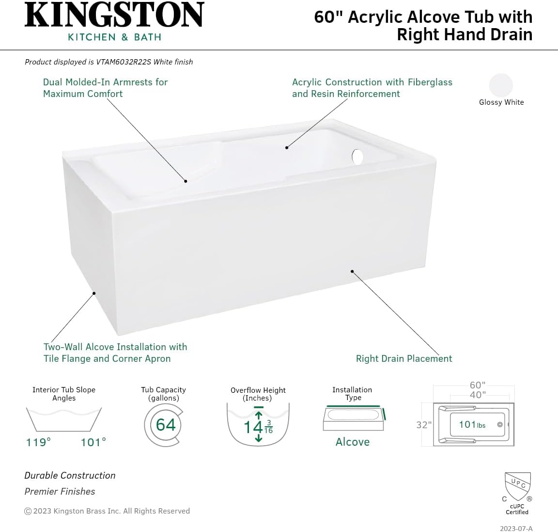 Kingston VTAM6032R22S 2-Wall Corner Alcove Tub, Glossy White