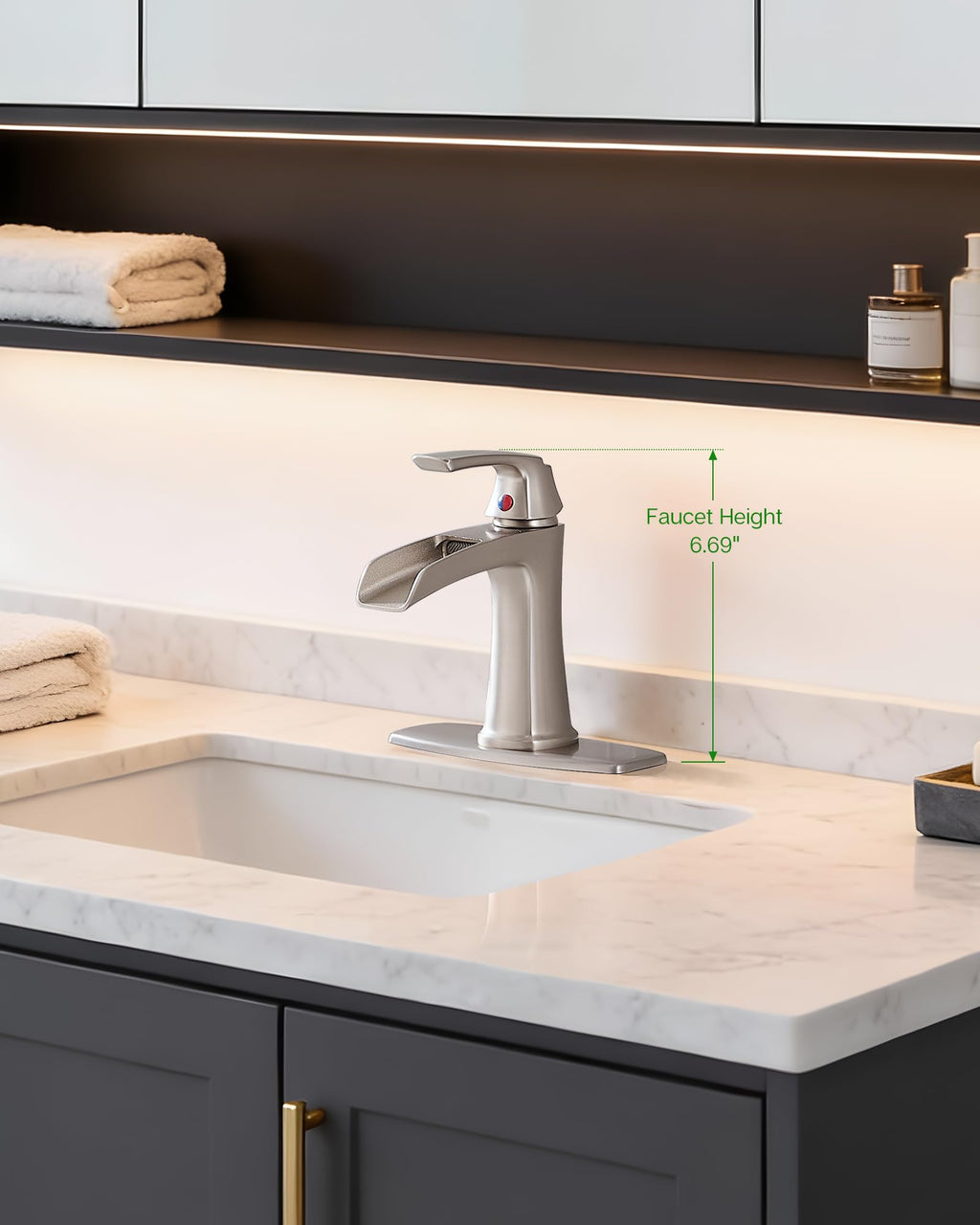 Fapully Brushed Nickel Bathroom Faucet 3 Hole, Waterfall 8 Inch Widespread Bathroom Sink Faucet with Pop-up Drain, Two-Handle Faucet for Bathroom Sink