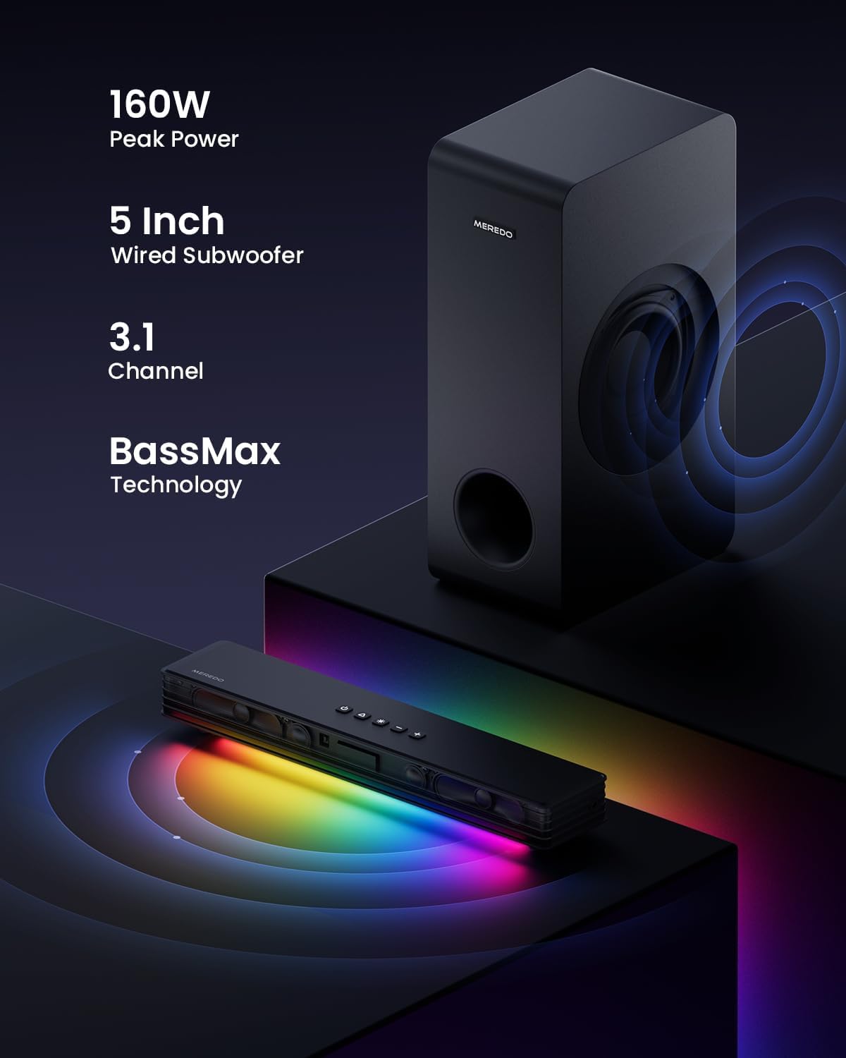 MEREDO Desktop PC Soundbar with Subwoofer: 15.9" Low-Profile RGB 160W Peak