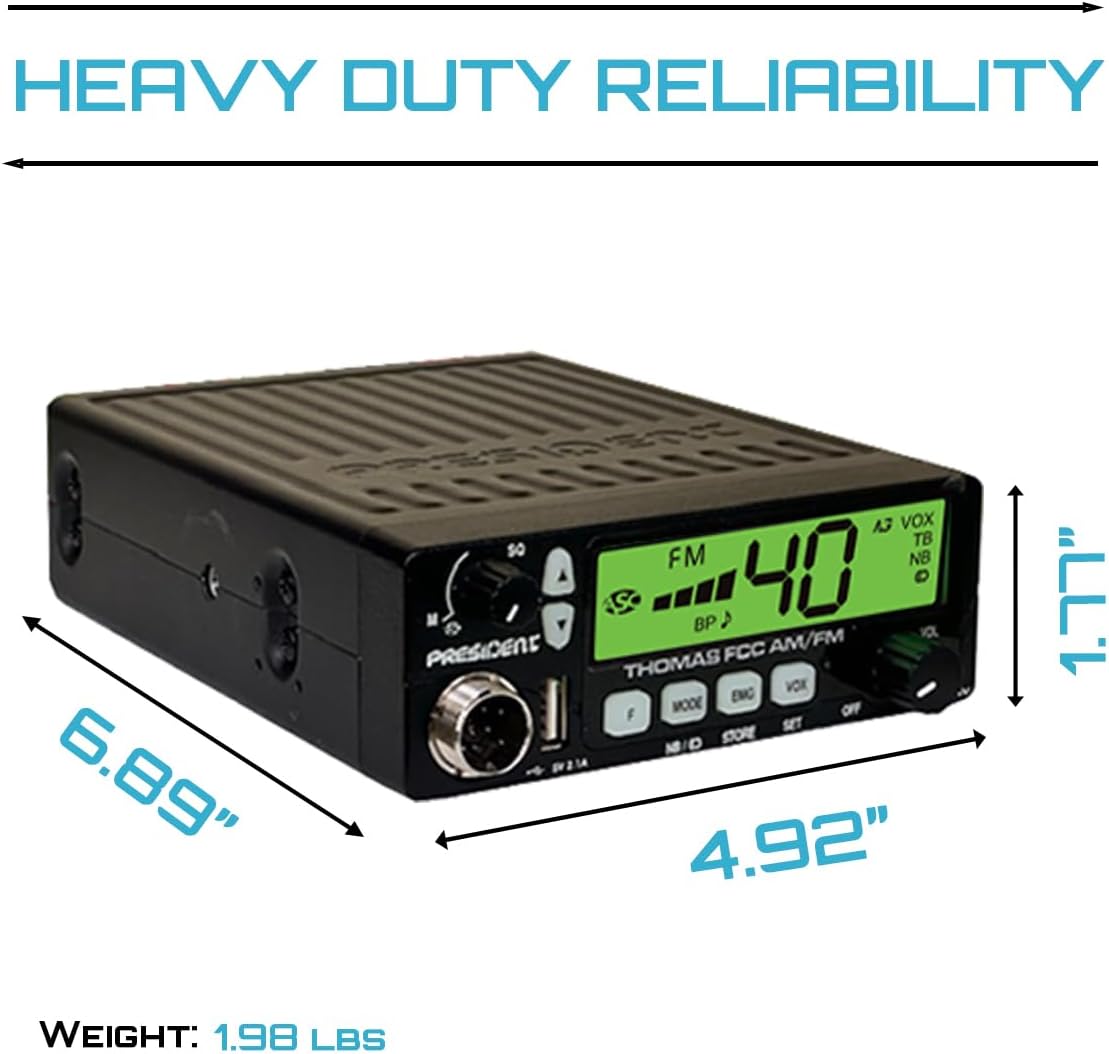 President Thomas FCC AM/FM CB Radio â 40 Channel, VOX Hands-Free, USB Port, ASC, Multi-Color LCD Display â 12/24V Compact Mobile Transceiver for Truckers & Off-Road Communication
