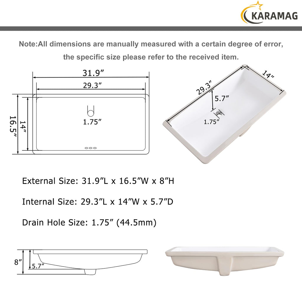 27 Inch Undermount Bathroom Sink with Overflow Rectangle Sinks