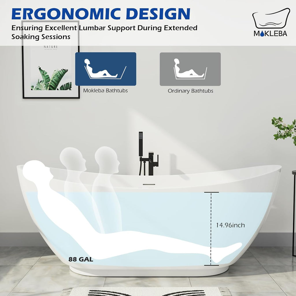 62" Lucite Acrylic Freestanding Bathtub, Double Slipper Soaking Tub