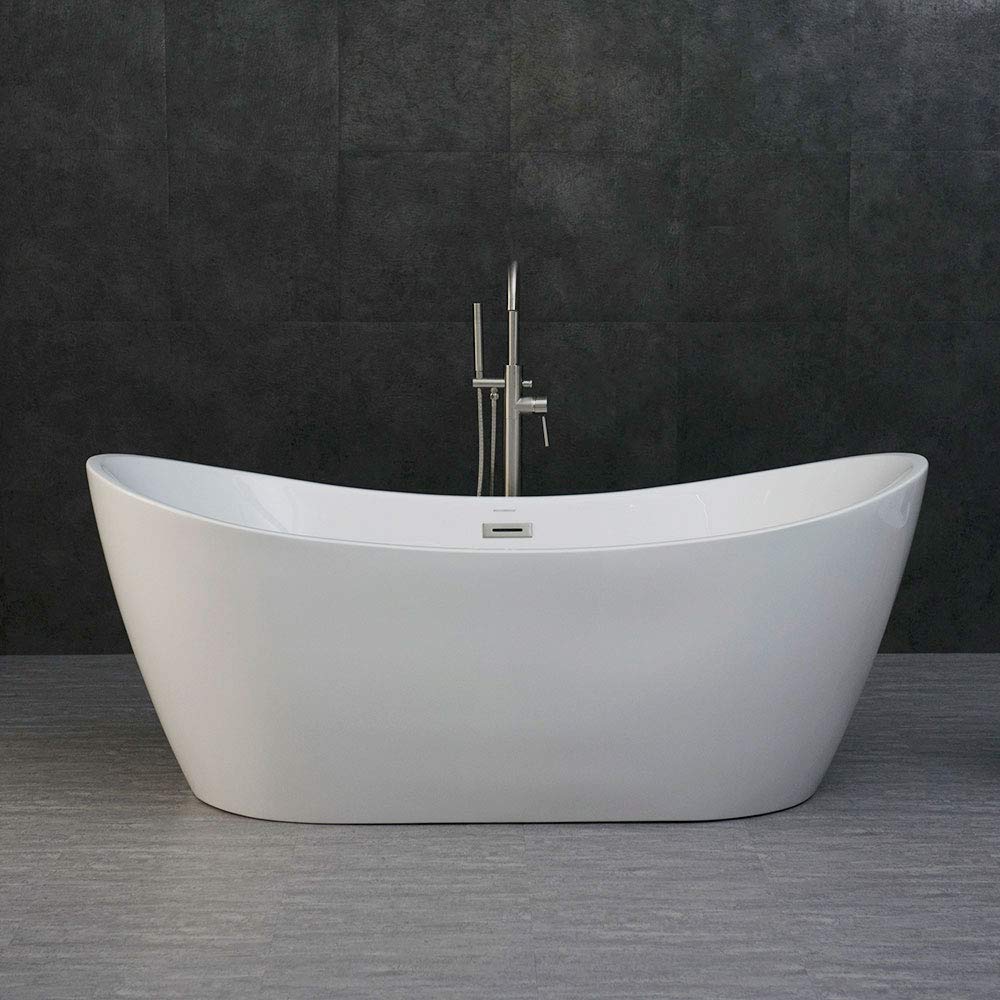 WOODBRIDGE 71" Acrylic Freestanding Bathtub Contemporary Soaking Tub , White Acrylic ( Matte Black Drain/Overflow),B0017 MB Drain &O