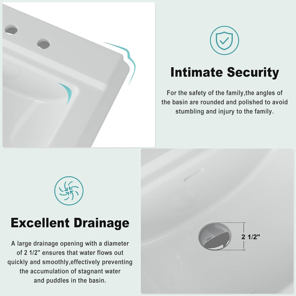 26" W X 20" D Bathroom Pedestal Sink, Rectangular White Ceramic Vanity Sink with Overflow and 3 Pre-Drilled Holes - Fits 8-Inch Faucets,Freestanding Restroom Sink Combo for Small Spaces