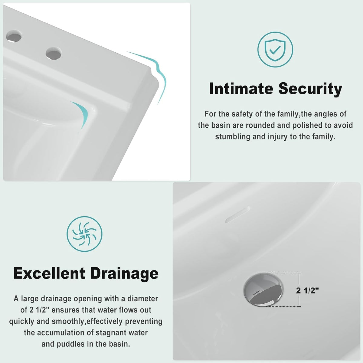 26" W X 20" D Bathroom Pedestal Sink, Rectangular White Ceramic Vanity Sink with Overflow and 3 Pre-Drilled Holes - Fits 8-Inch Faucets,Freestanding Restroom Sink Combo for Small Spaces