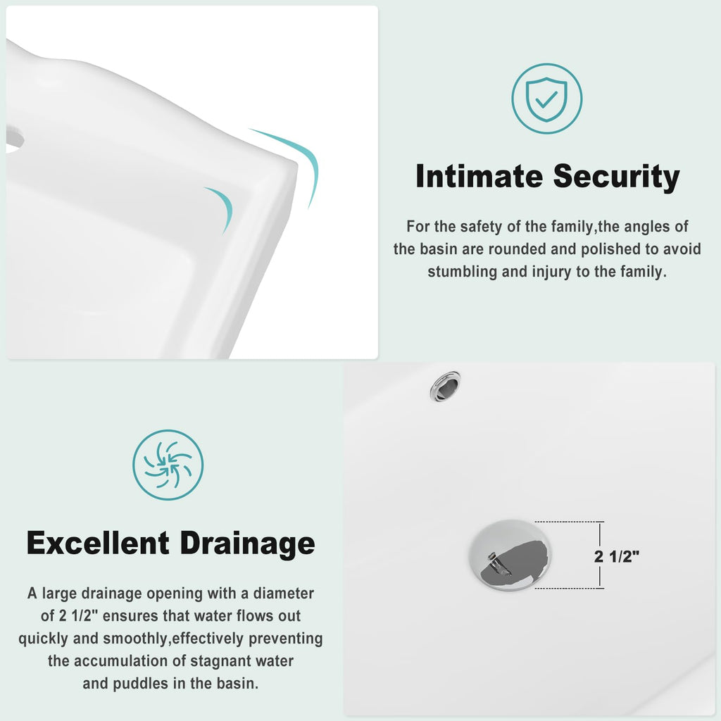 26" W X 20" D Bathroom Pedestal Sink, Rectangular White Ceramic Vanity Sink with Overflow and 3 Pre-Drilled Holes - Fits 8-Inch Faucets,Freestanding Restroom Sink Combo for Small Spaces