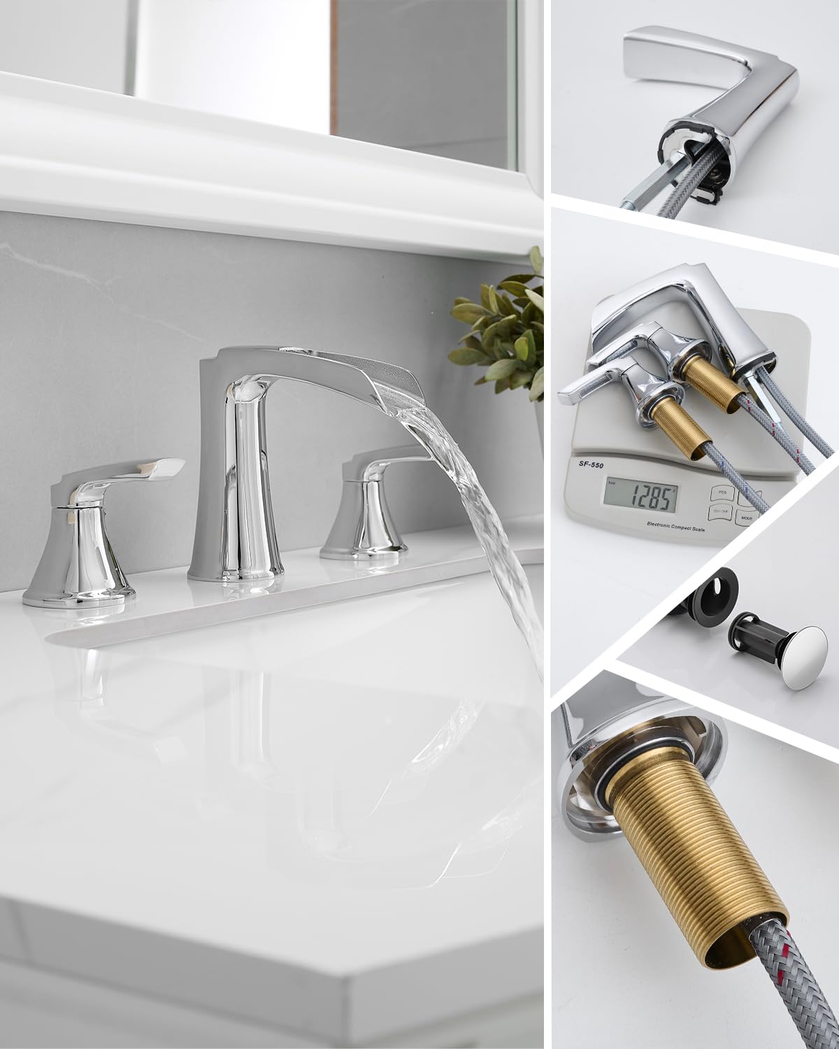 Fapully Brushed Nickel Bathroom Faucet 3 Hole, Waterfall 8 Inch Widespread Bathroom Sink Faucet with Pop-up Drain, Two-Handle Faucet for Bathroom Sink