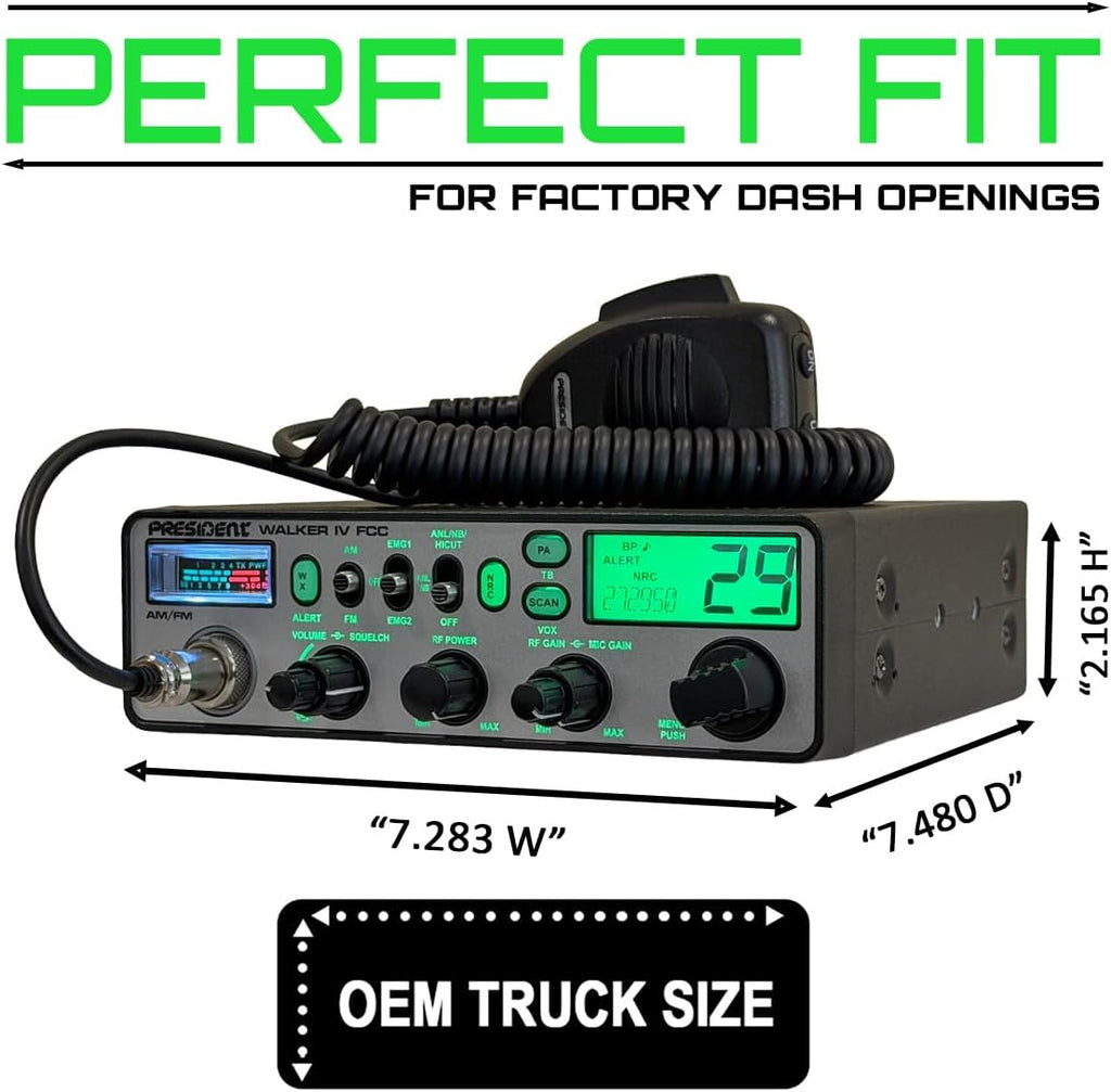 President Walker IV FCC AM/FM Trucker CB Radio with Automatic SWR/SWR Protection, 7-Color LCD with Glow Mode, Automatic Squelch, Noise Reduction, Weather/Alert, VOX Hands-free, USB-C Port, P-channels.