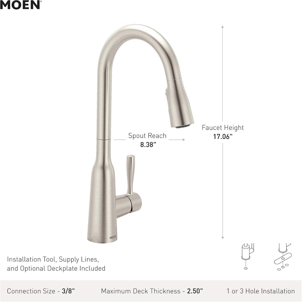 Moen Orivesi Stainless Pulldown Kitchen Faucet with Power Boost, Transitional Kitchen Faucet, One-Handle Single Hole High Arc, Easy Installation, Spot Resist Finish, 87891SRS
