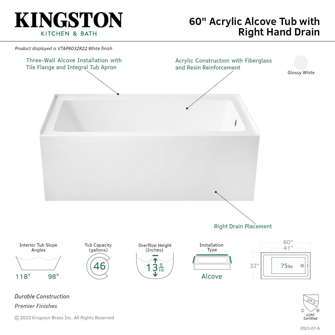 Aqua Eden VTAP603222R 60-Inch Acrylic 3-Wall Alcove Tub with Right Hand Drain Hole, White