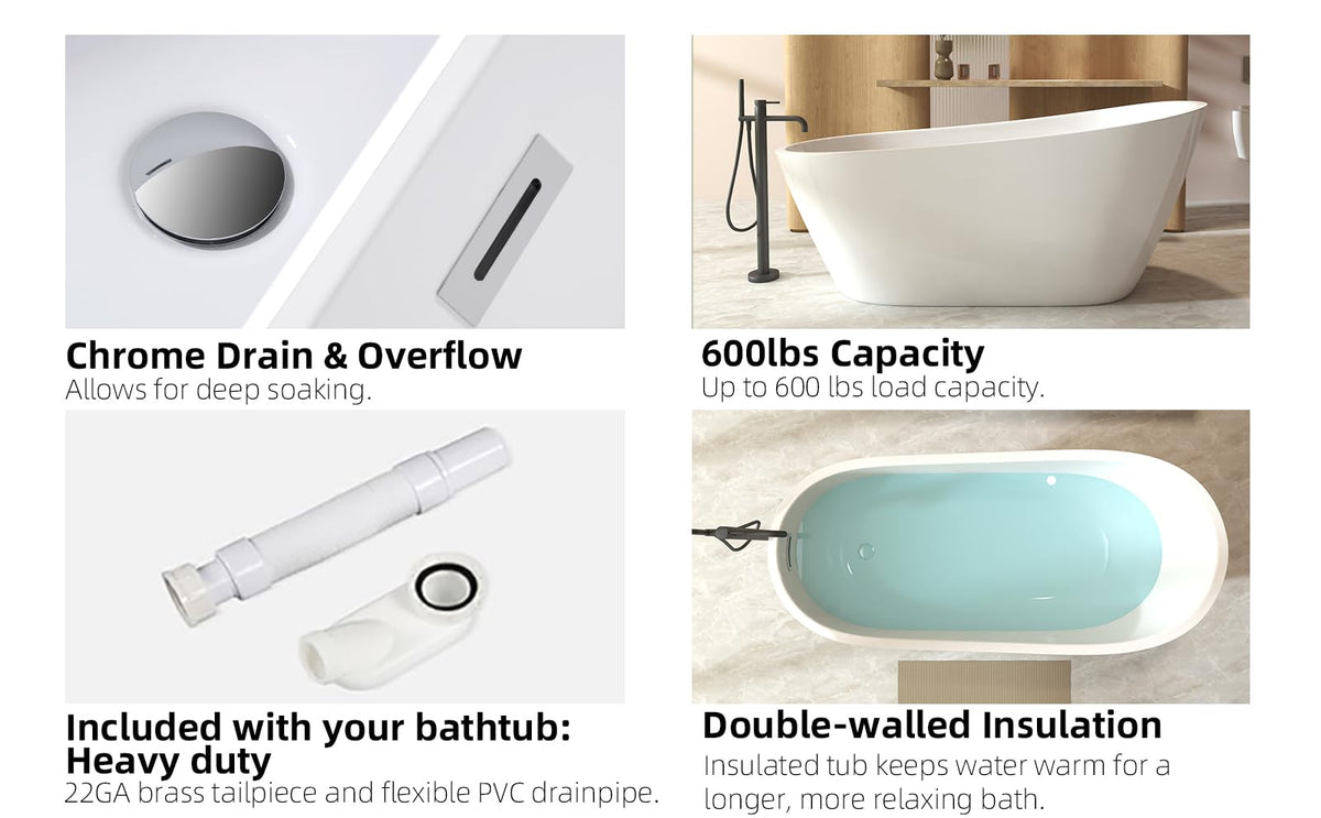 GDFStudio 67" Acrylic Freestanding Bathtub with Diamond Pattern, Modern Oval Soaking Tub, Freestanding Bath Spa Tub, Brushed Nickel Overflow & Pop-Up Drain, cUPC Certified, Glossy White