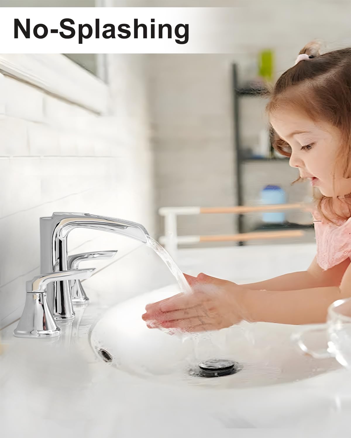 Fapully Brushed Nickel Bathroom Faucet 3 Hole, Waterfall 8 Inch Widespread Bathroom Sink Faucet with Pop-up Drain, Two-Handle Faucet for Bathroom Sink
