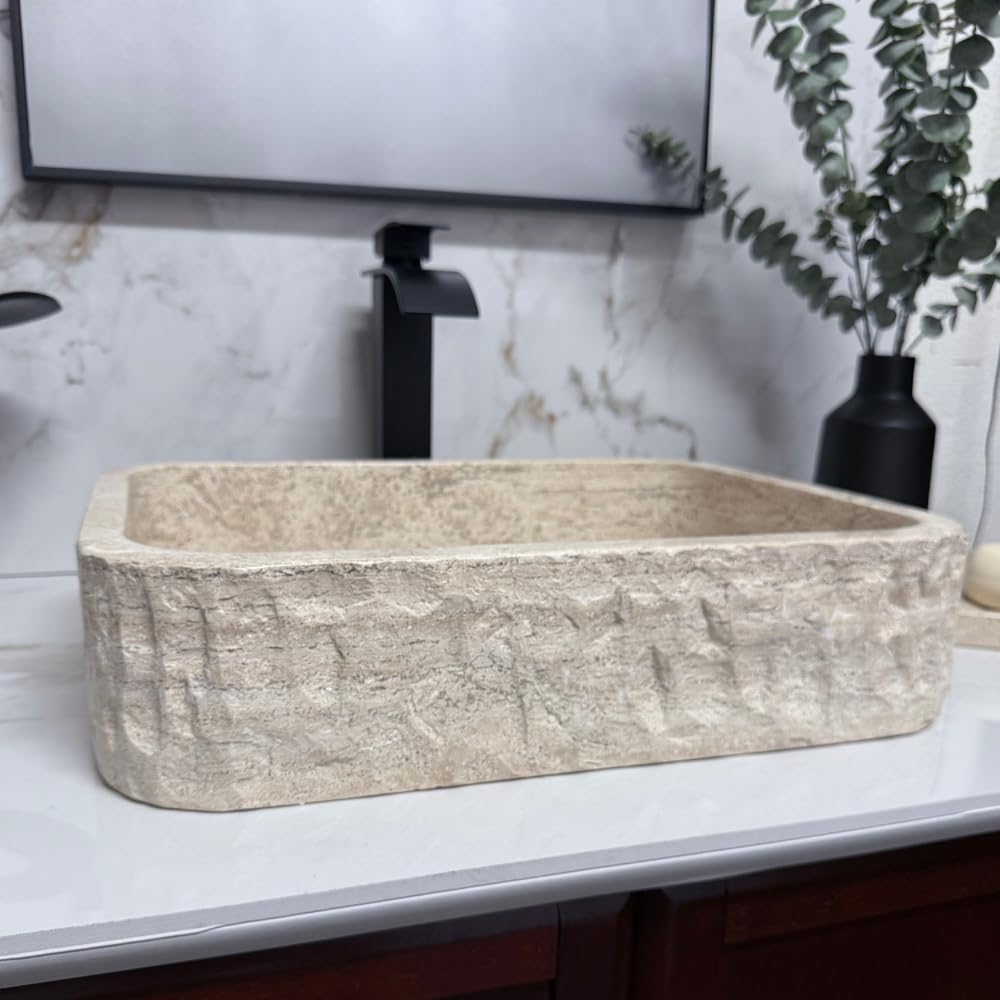 Oval Travertine Vessel Sink â Natural Stone Wash Basin, Hand-Carved Bathroom Sink with Chiseled Exterior & Polished Interior, Above Counter Vanity Basin (Includes Matching Soap Tray)