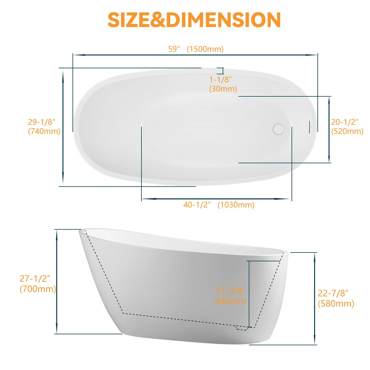 61" Freestanding Bathtubs, Acrylic Soaking Tubs for Adult, Integrated Overflow and Drain, cUPC Certified, Glossy White