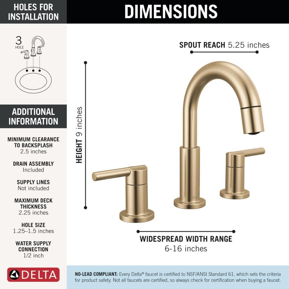Delta Nicoli Brushed Gold Faucet 3 Hole, 8 Inch Widespread Bathroom Sink Faucet for Vanity, Push-Pop Drain Assembly, Champagne Bronze 35749LF-CZ