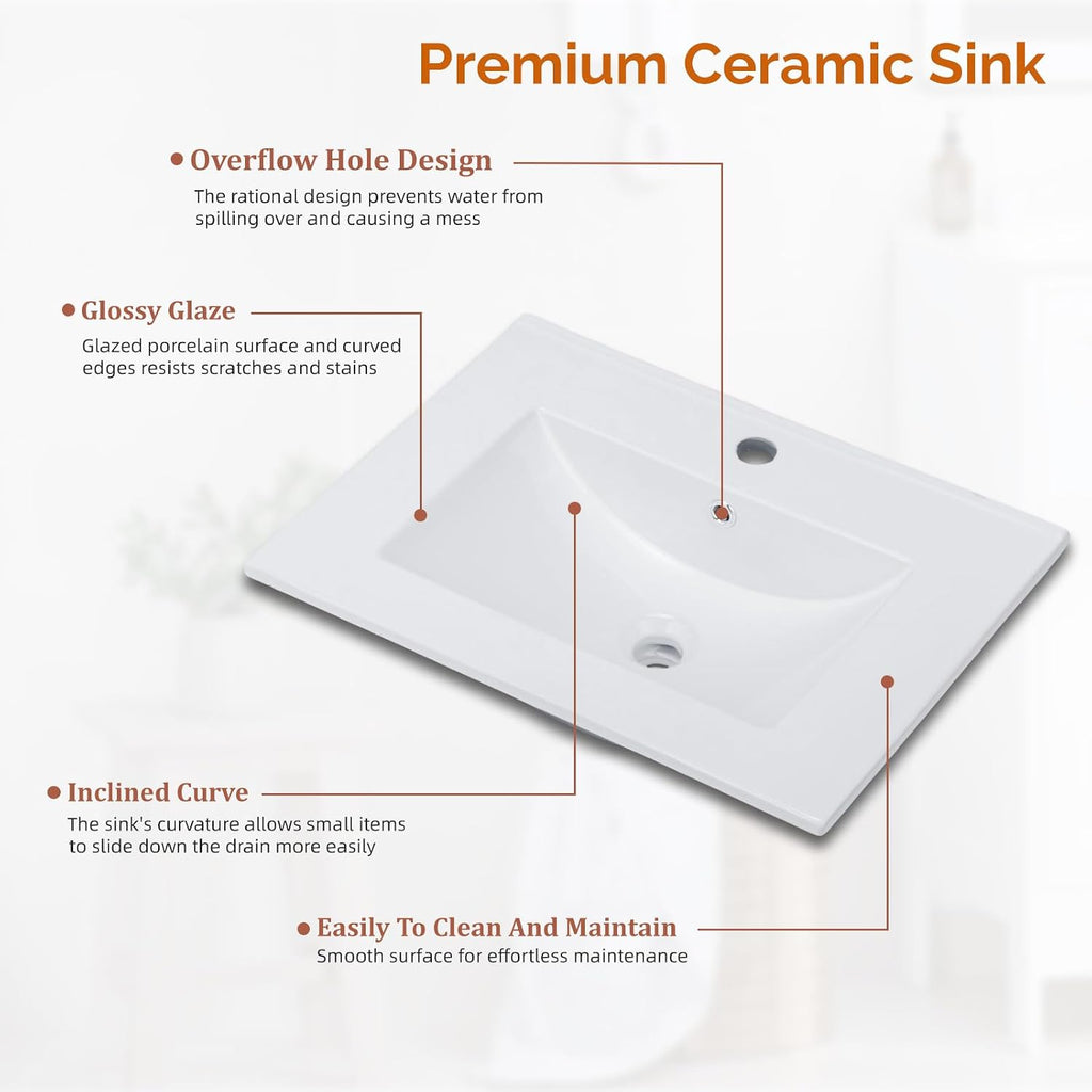 VINGLI 24 In Vanity Top Sink,1 Pre-Drilled Standard 1 3/8" Faucet Hole,1 3/4" Diameter of Center Hole,24 Inch Modern Rectangular Ceramic Single Sink Basin Vanity Top, 24"Wx18.1"Dx6.7"H,White