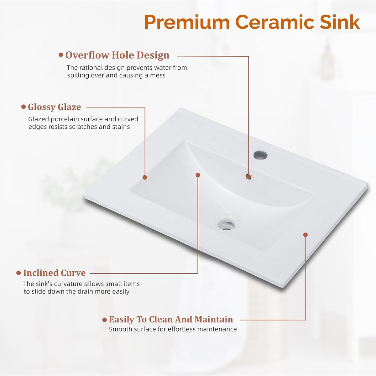 VINGLI 24 In Vanity Top Sink,1 Pre-Drilled Standard 1 3/8" Faucet Hole,1 3/4" Diameter of Center Hole,24 Inch Modern Rectangular Ceramic Single Sink Basin Vanity Top, 24"Wx18.1"Dx6.7"H,White