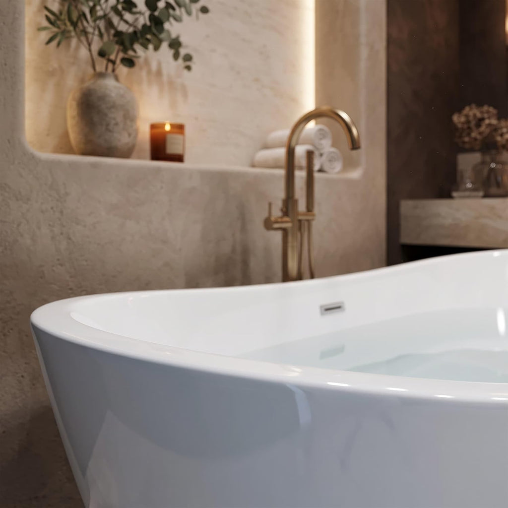 Empava 59 Inch Freestanding Bathtub, Acrylic Deep Soaking Tub, White
