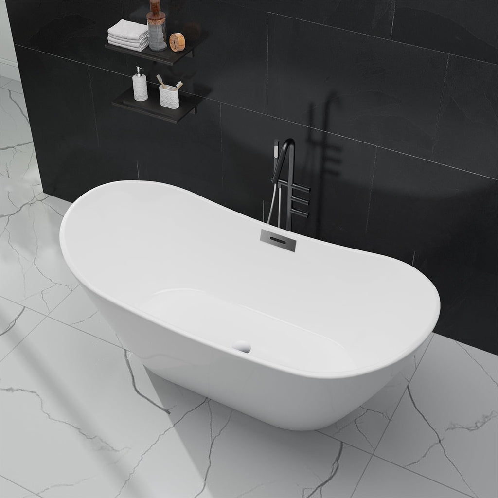 Freestanding Bathtub 59 inch Acrylic Free Standing Tub 59 Inch, Free Standing Tub with Chrome Drain & Overflow, Ergonomic Stand Alone Tub for Small Bathroom or Home Spa