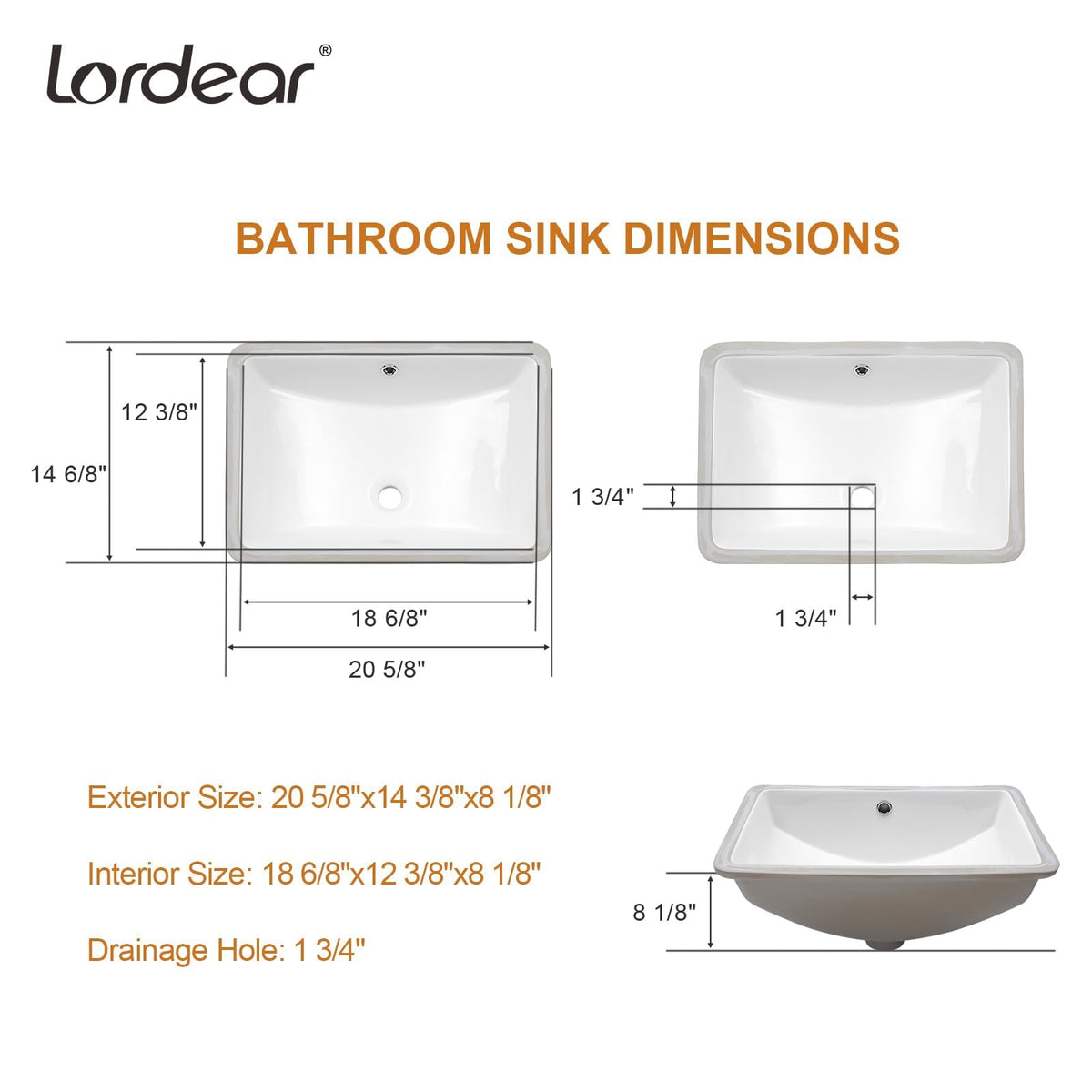 Lordear 17x12 Inch Undermount Bathroom Sink (Installation Size: 15"x10") Vanity Small Sinks Rectangle Pure White Porcelain Ceramic Bath Lavatory Vanity Sink Basin with Overflow