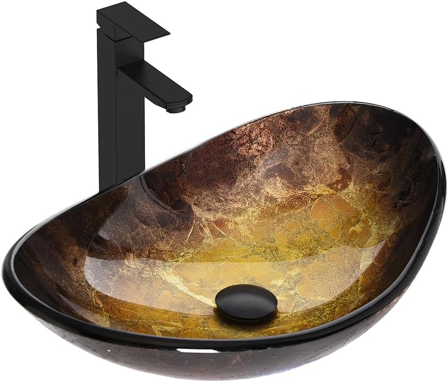 Bathroom Boat Shape Artistic Glass Vessel Sink, Gold