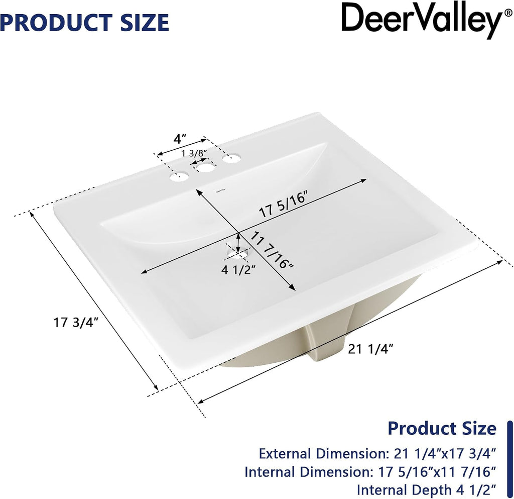 DeerValley Drop In Bathroom Sink White 21"x18" Rectangle Sleek 3-Hole Basin