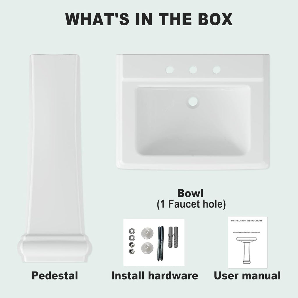 26" W X 20" D Bathroom Pedestal Sink, Rectangular White Ceramic Vanity Sink with Overflow and 3 Pre-Drilled Holes - Fits 8-Inch Faucets,Freestanding Restroom Sink Combo for Small Spaces