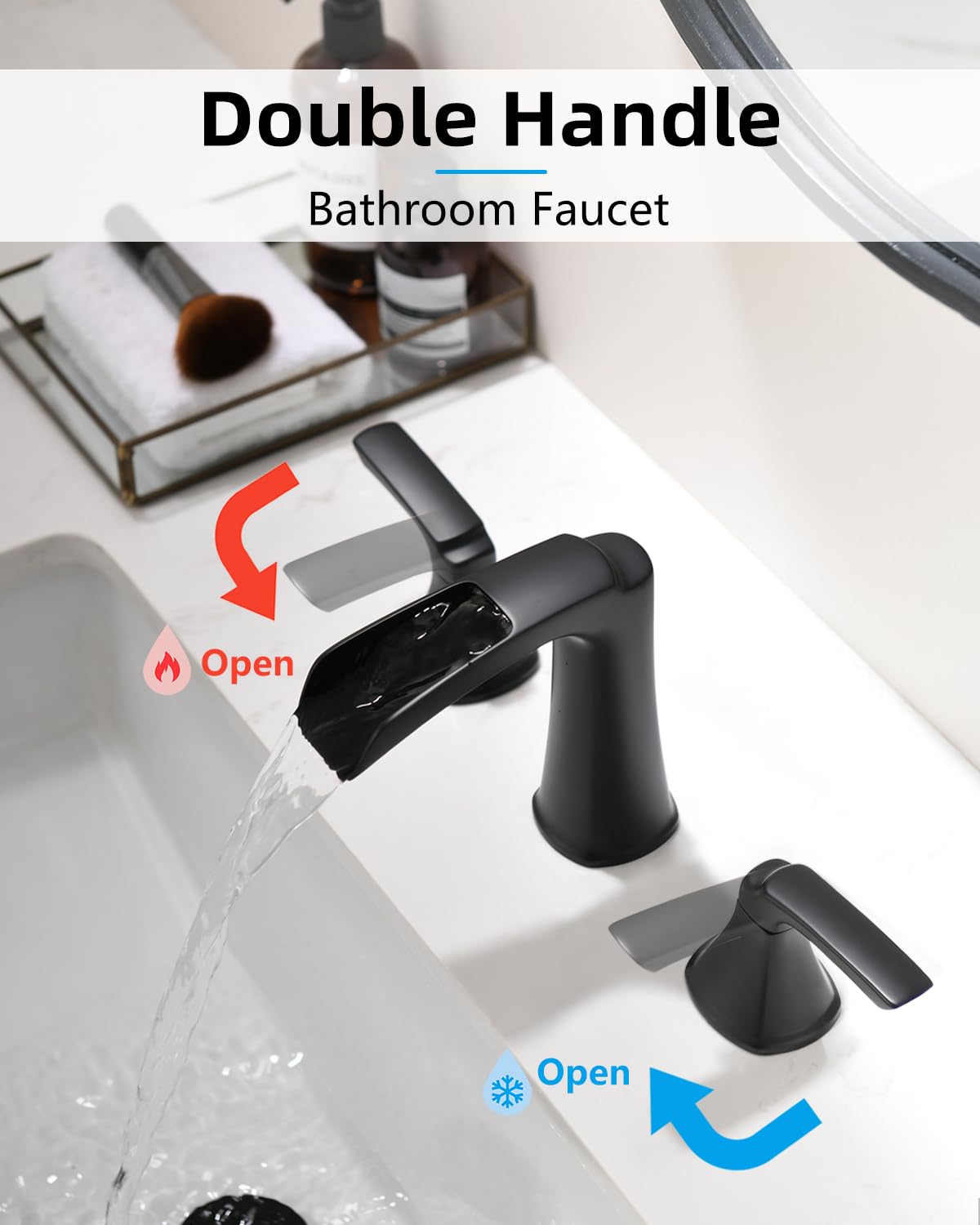 Fapully Brushed Nickel Bathroom Faucet 3 Hole, Waterfall 8 Inch Widespread Bathroom Sink Faucet with Pop-up Drain, Two-Handle Faucet for Bathroom Sink