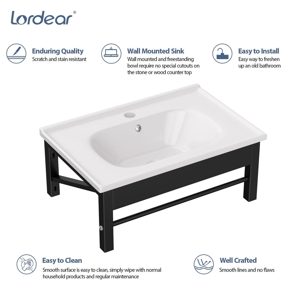 Lordear Wall Mount Bathroom Sink 21x12 Inch White Rectangle Sink with Overflow Porcelain Ceramic Floating Bathroom Vessel Sinks, Wall Hung Wash Hand Basin
