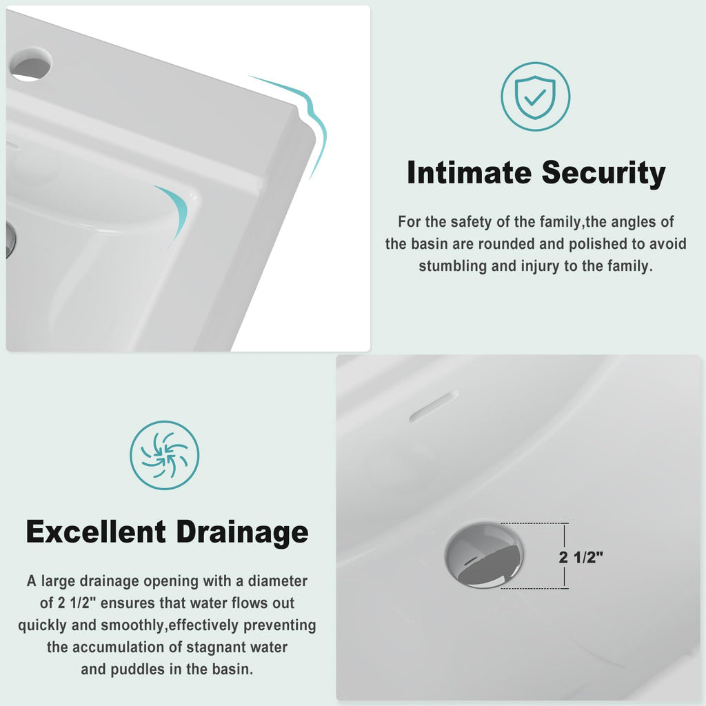 26" W X 20" D Bathroom Pedestal Sink, Rectangular White Ceramic Vanity Sink with Overflow and 3 Pre-Drilled Holes - Fits 8-Inch Faucets,Freestanding Restroom Sink Combo for Small Spaces