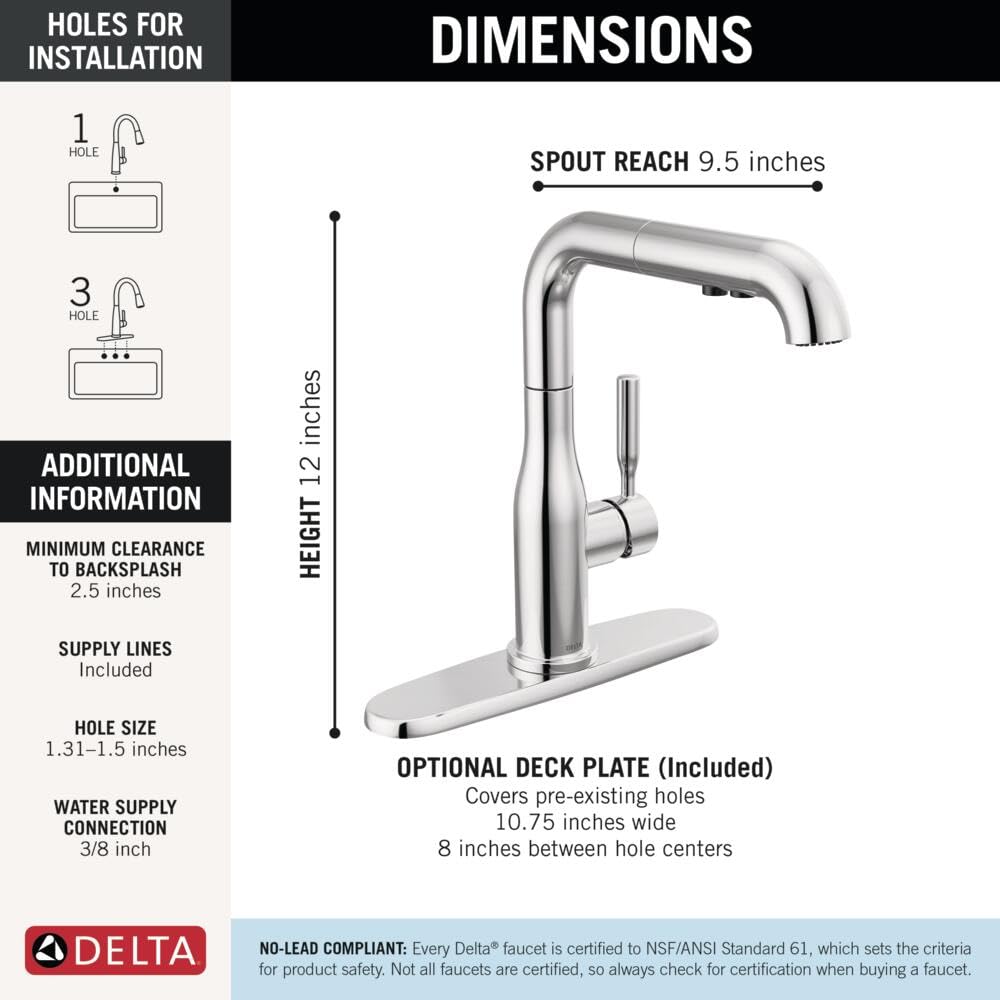 Delta Almari Matte Black Kitchen Faucet with Pull-Out Sprayer, Modern Single Hole Kitchen Sink Faucet, Single Handle, Matte Black 16943-BL-DST