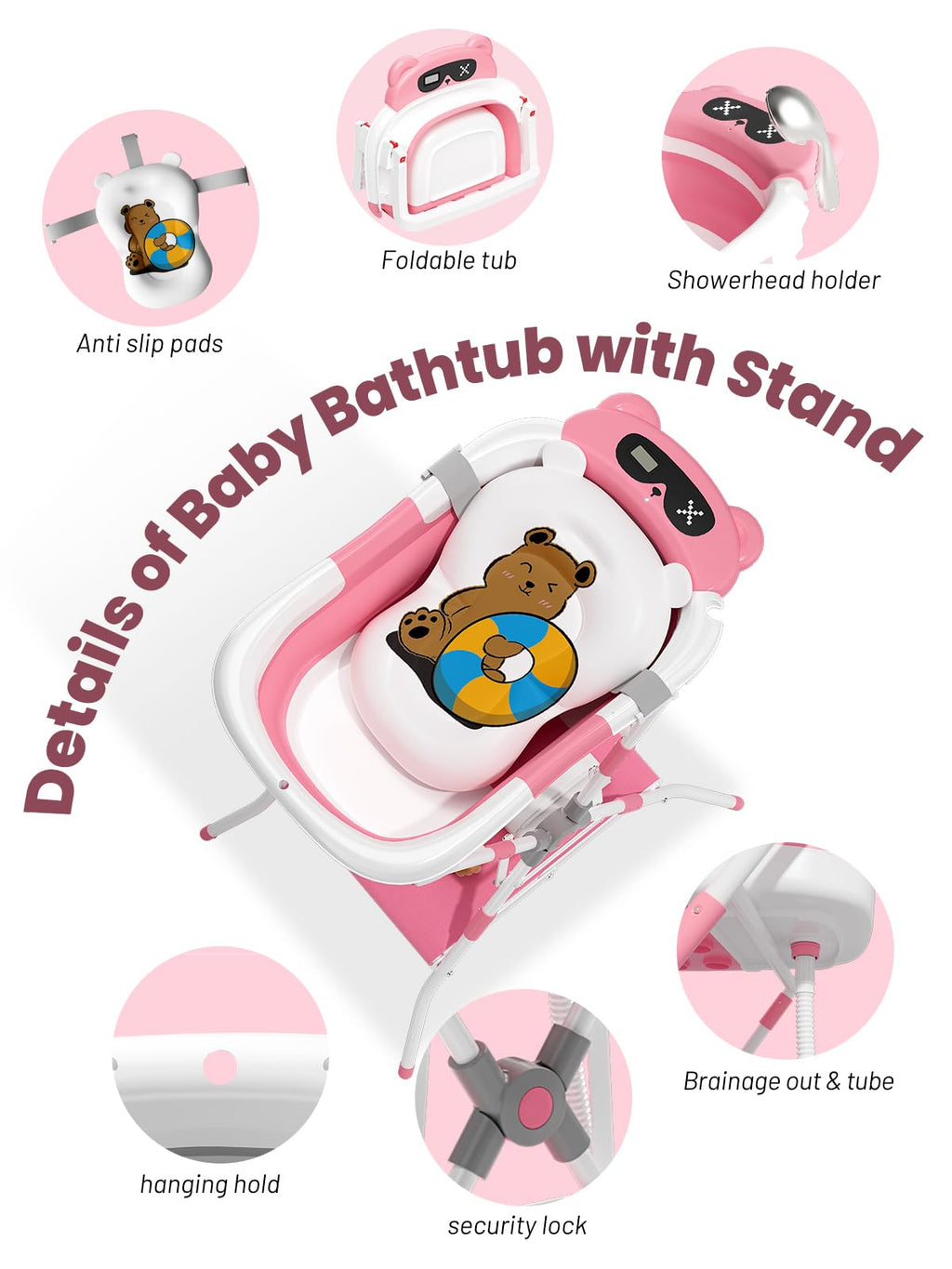 Baby Bathtub with Stand, Foldable Metal Standing Baby Bath Tub, 3-in-1 Anti-Slip Collapsible Tub with Cushion Storage Pad, Elevated Design for Newborn Toddler, Gray