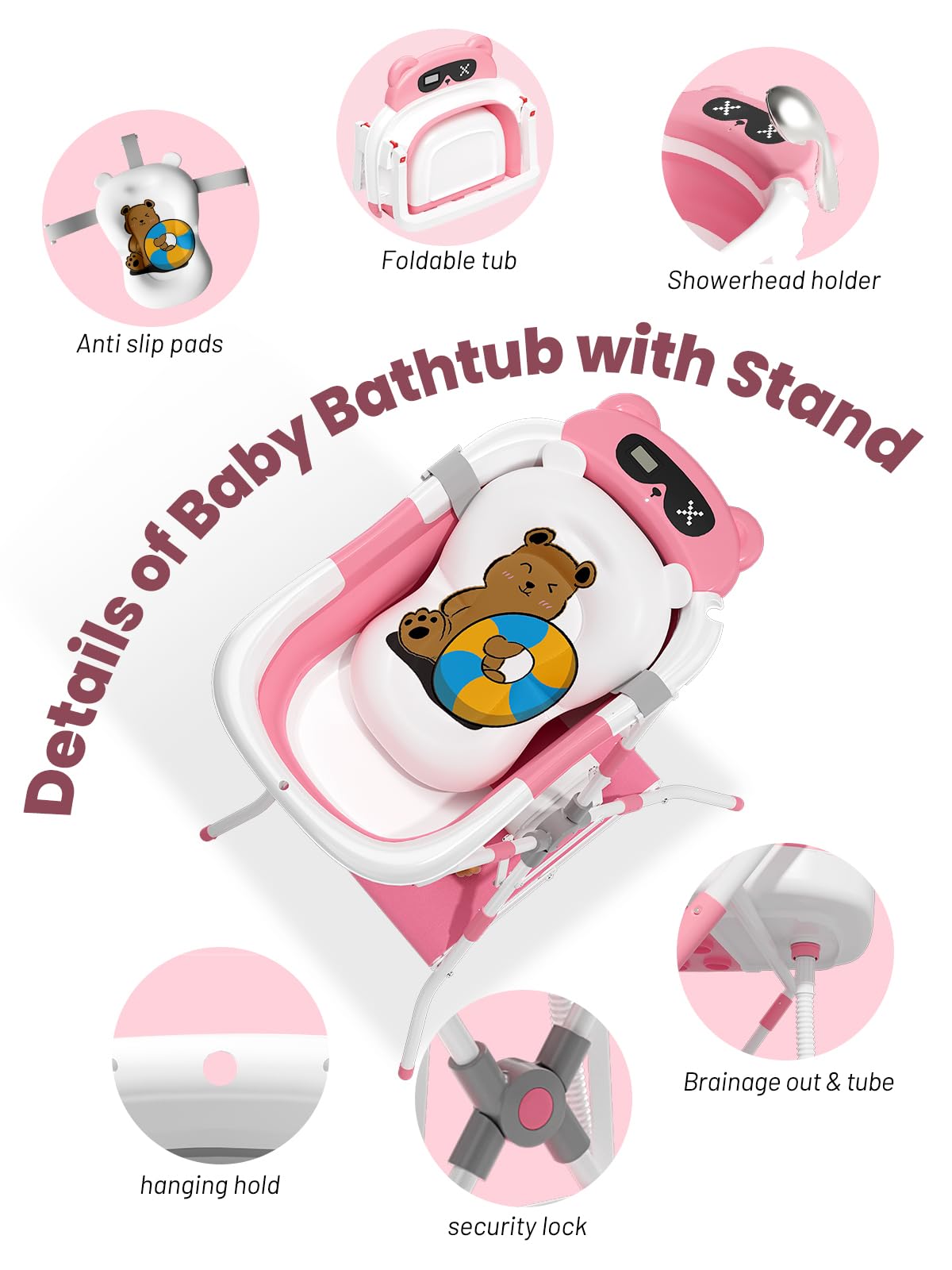 Baby Bathtub with Stand, Foldable Metal Standing Baby Bath Tub, 3-in-1 Anti-Slip Collapsible Tub with Cushion Storage Pad, Elevated Design for Newborn Toddler, Gray