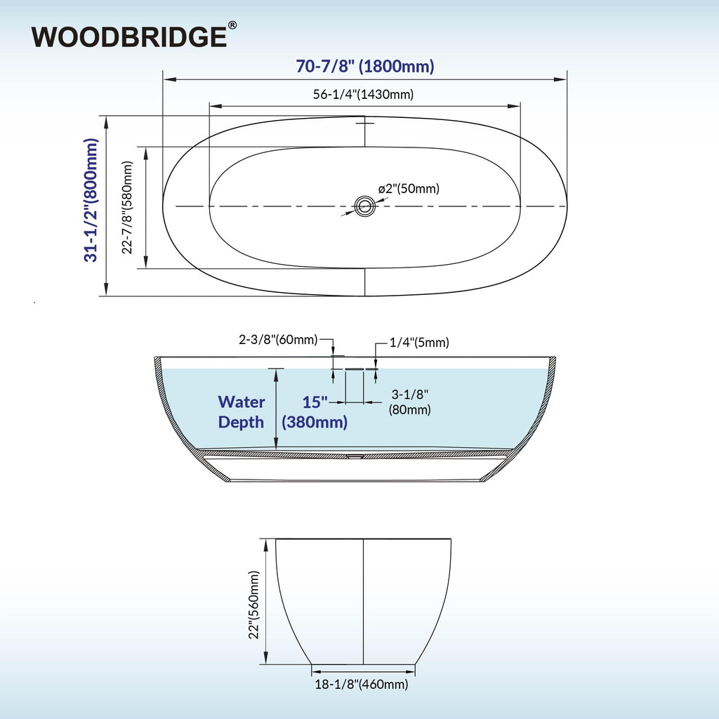 WOODBRIDGE 61" Stone Resin Freestanding Soaking Tub, Modern Oval Solid Surface Bathtub with Integrated Slotted Overflow & Drain, Matte White