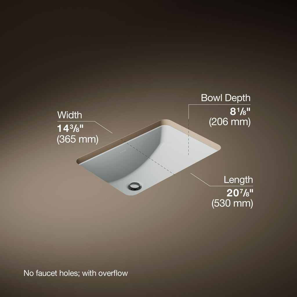 KOHLER 2214-0 Ladena Rectangular Undermount Bathroom Sink With Curved Bottom, 20-7/8" W X 14-3/8" L, White