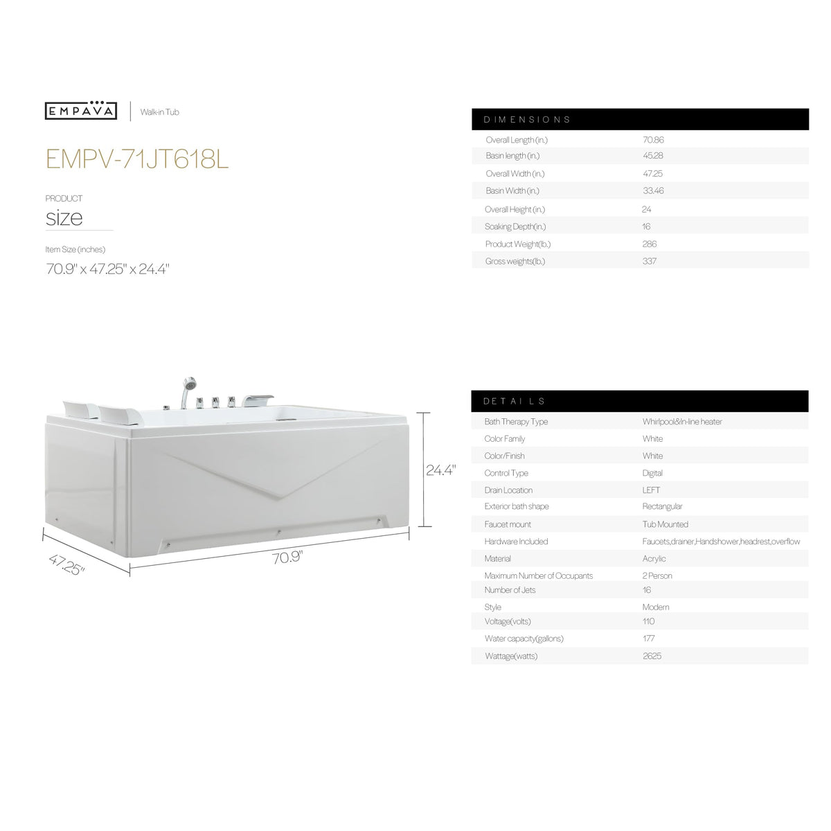 Empava Acrylic Whirlpool Bathtub, 71" Jetted Tub with Healing Chromotherapy