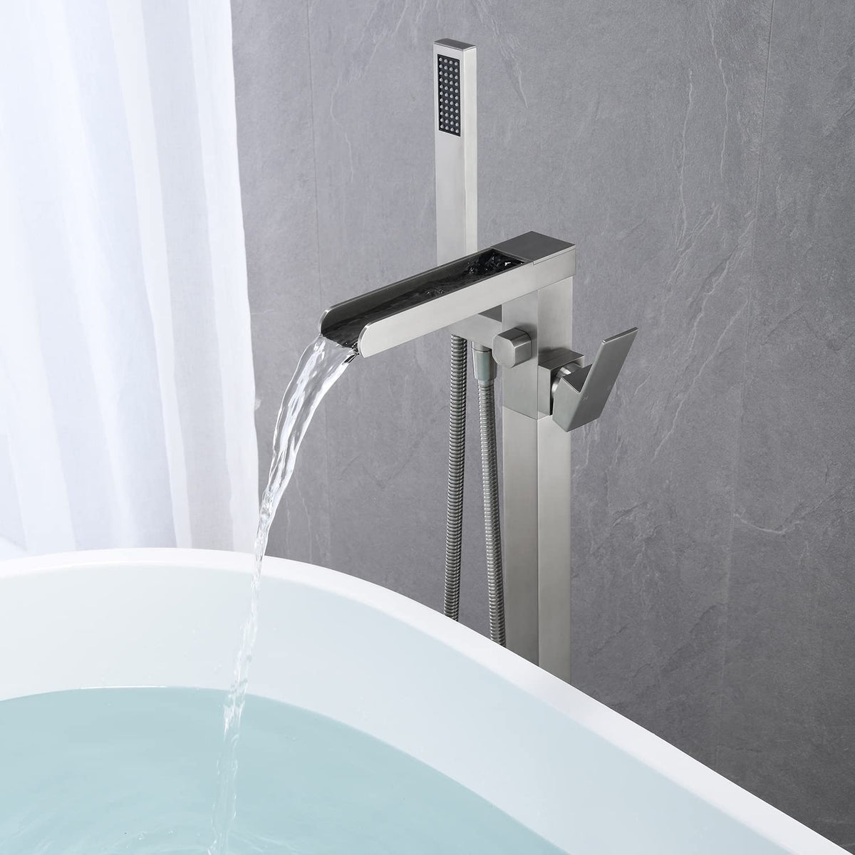 Wowkk Waterfall Tub Filler Freestanding Bathtub Faucet Black Floor Mount Brass Single Handle Bathroom Faucets with Hand Shower