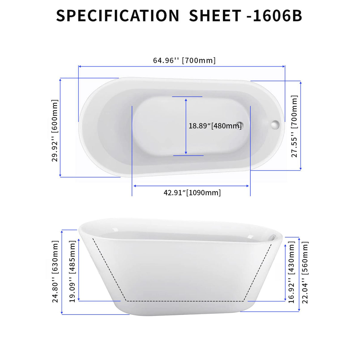 62" Lucite Acrylic Freestanding Bathtub, Double Slipper Soaking Tub