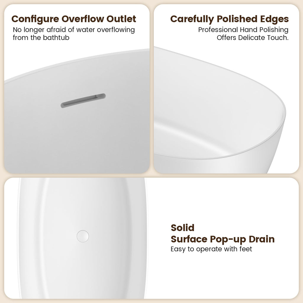 61''Stone Resin Freestanding Bathtub,Solid Surface Soaking Tub with Deep Bath Design, Modern Oval Free Standing Tub with Integrated Drain & Hidden Overflow, Starry Gray