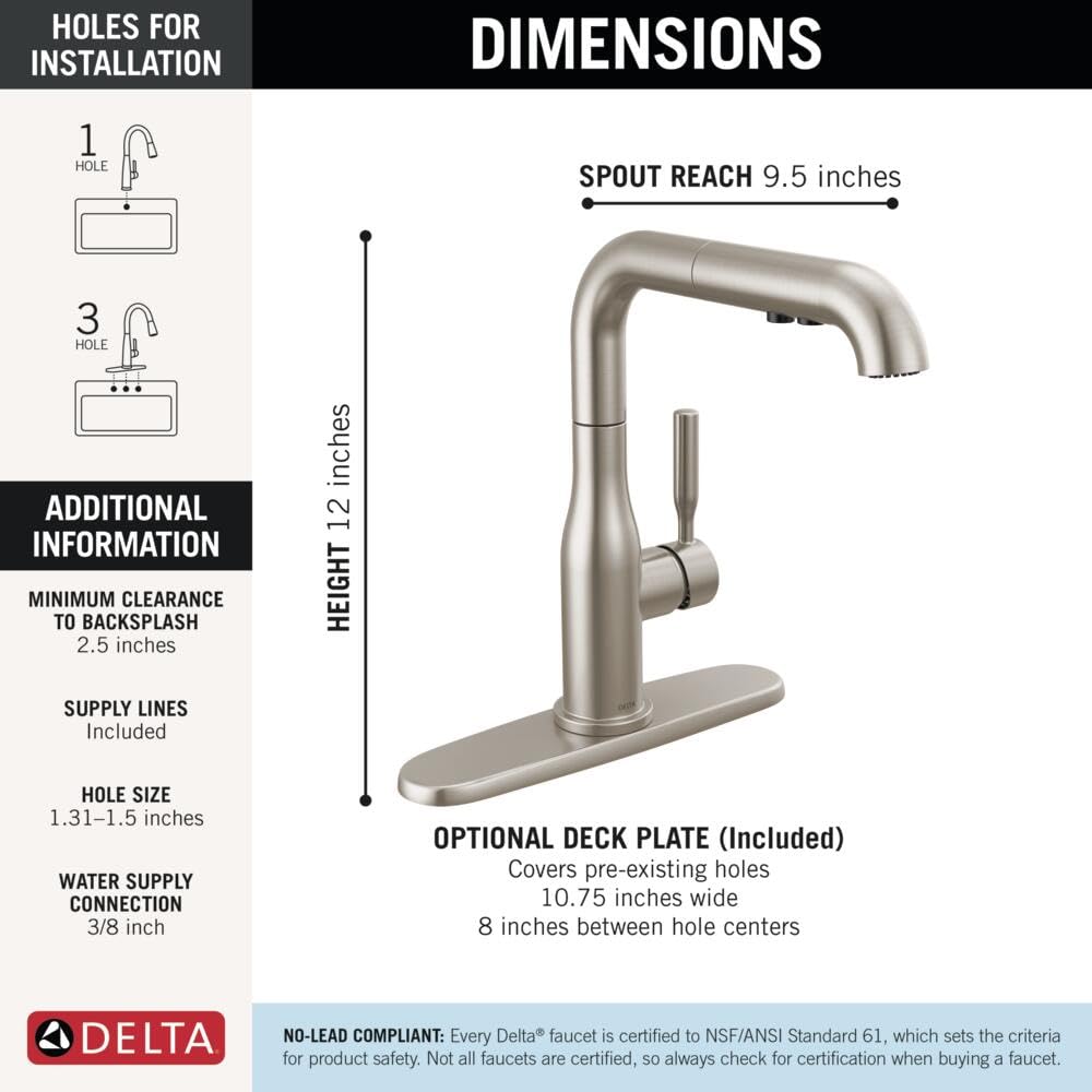 Delta Almari Matte Black Kitchen Faucet with Pull-Out Sprayer, Modern Single Hole Kitchen Sink Faucet, Single Handle, Matte Black 16943-BL-DST
