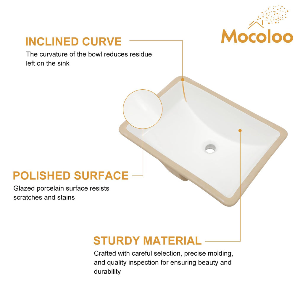 Mocoloo Bathroom Sink Undermount 22"x16" White Rectangle Porcelain Sink with Vertical Sides and Overflow Drain Under Counter Mount Ceramic Lavatory Vanity Sinks for Bathroom Interior Size 19 x 13