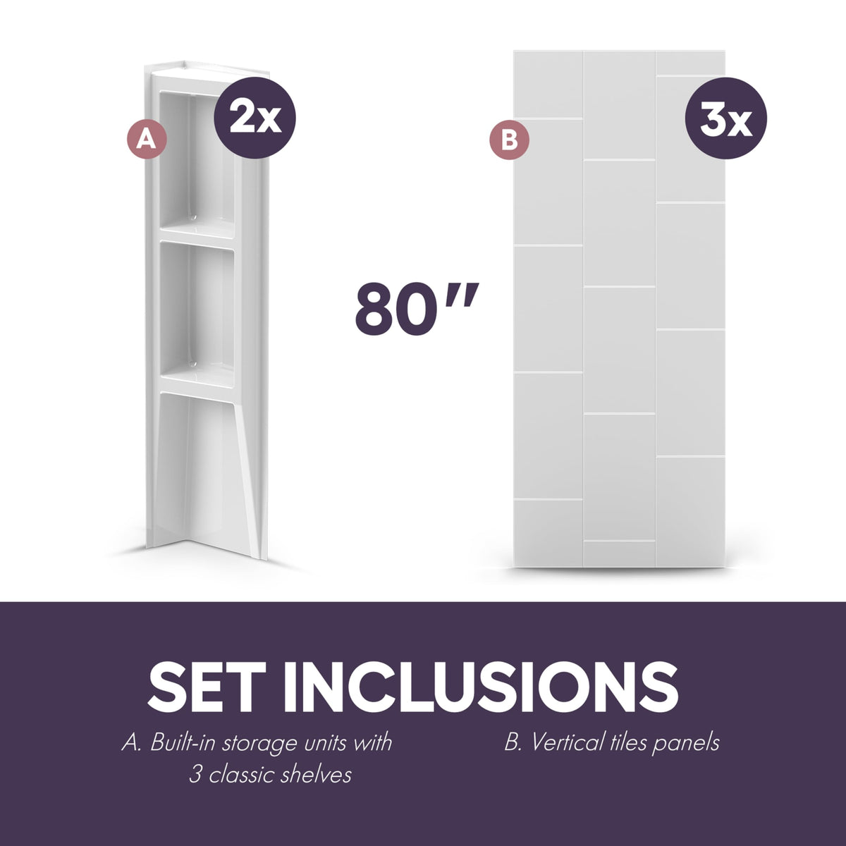 White Acrylic Tub Wall Surround D32 x W60 x H58 - Stacked Tiles Pattern