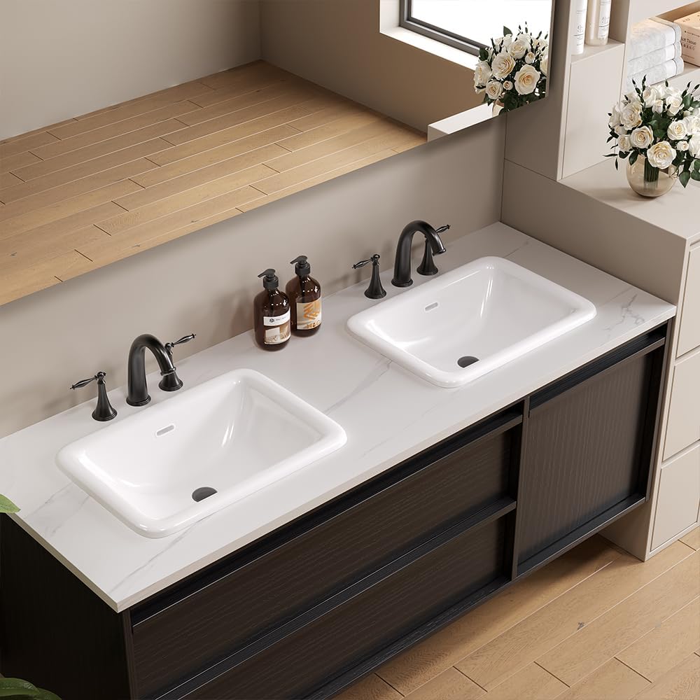 Bathroom Rectangle Vessel Sink 20" x 15" Semi Recessed Sink White Drop in ceramic Sink with Overflow Modern Sinks Bowl Vanity Above Counter Basin