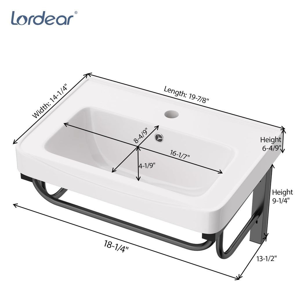 Lordear Wall Mount Bathroom Sink 21x12 Inch White Rectangle Sink with Overflow Porcelain Ceramic Floating Bathroom Vessel Sinks, Wall Hung Wash Hand Basin