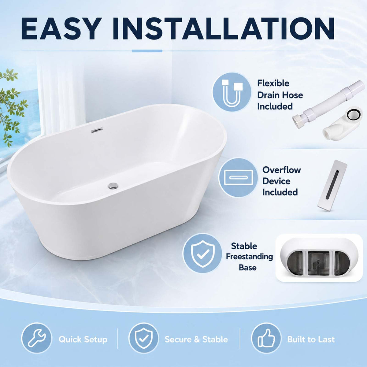 55" Oval Acrylic Free Standing Tub with 8-Layer Insulation (Gloss White)
