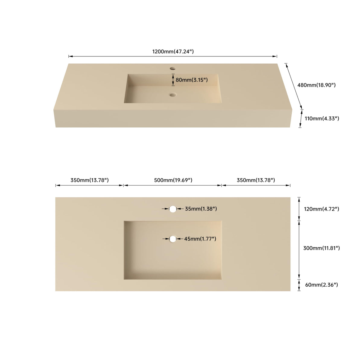 47" Wall Mount Sink, Artificial Stone Bathroom Sink, Single Hole